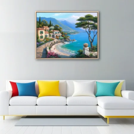 Mediterranean seaside village landscape, turquoise bay and terracotta rooftops, soft painterly style