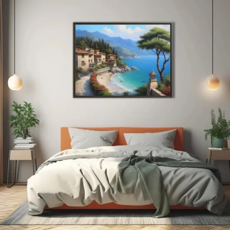 Mediterranean coastal village with turquoise bay, terracotta rooftops, and mountain backdrop