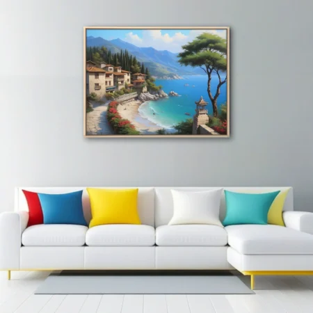 Mediterranean coastal village with turquoise bay, terracotta rooftops, and mountain backdrop