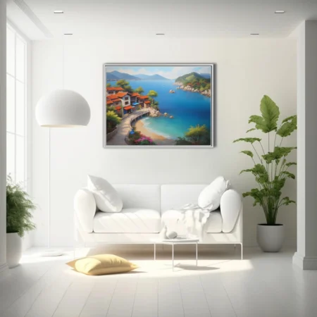 Painterly East Asian seaside village with terracotta roofs, turquoise bay, and green mountains