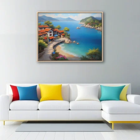 Painterly East Asian seaside village with terracotta roofs, turquoise bay, and green mountains