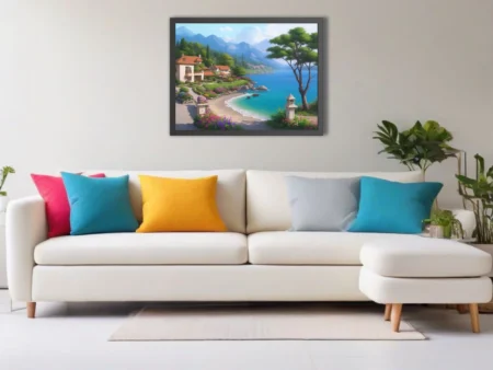 Hand-drawn-style coastal town illustration with turquoise bay, flower gardens, and mountain backdrop