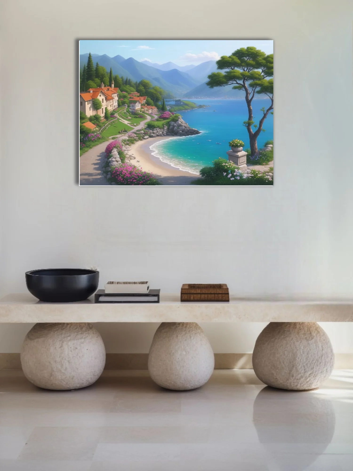 Stylized Mediterranean coastal village with turquoise bay, blooming flowers, and mountain backdrop