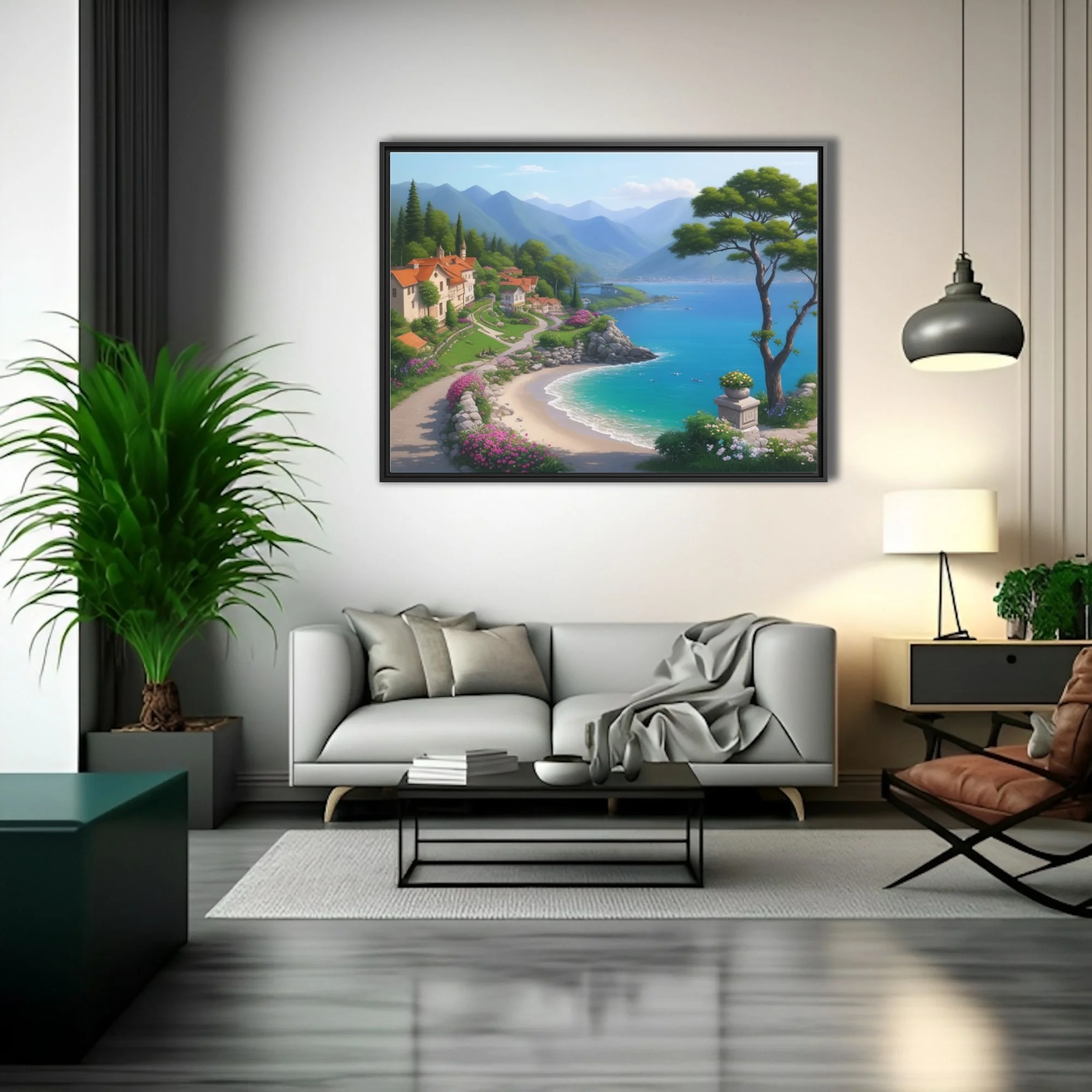Stylized Mediterranean coastal village with turquoise bay, blooming flowers, and mountain backdrop