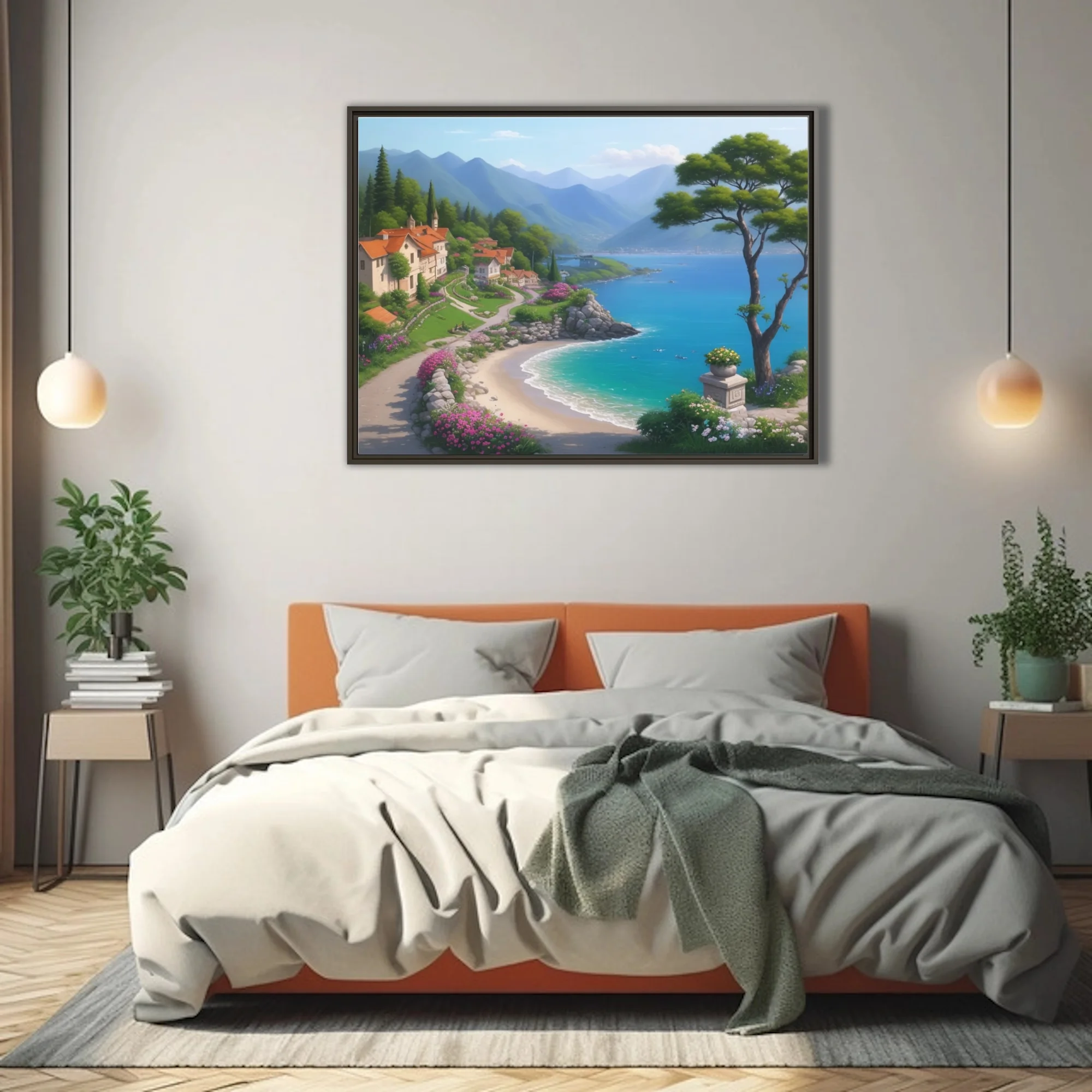 Stylized Mediterranean coastal village with turquoise bay, blooming flowers, and mountain backdrop