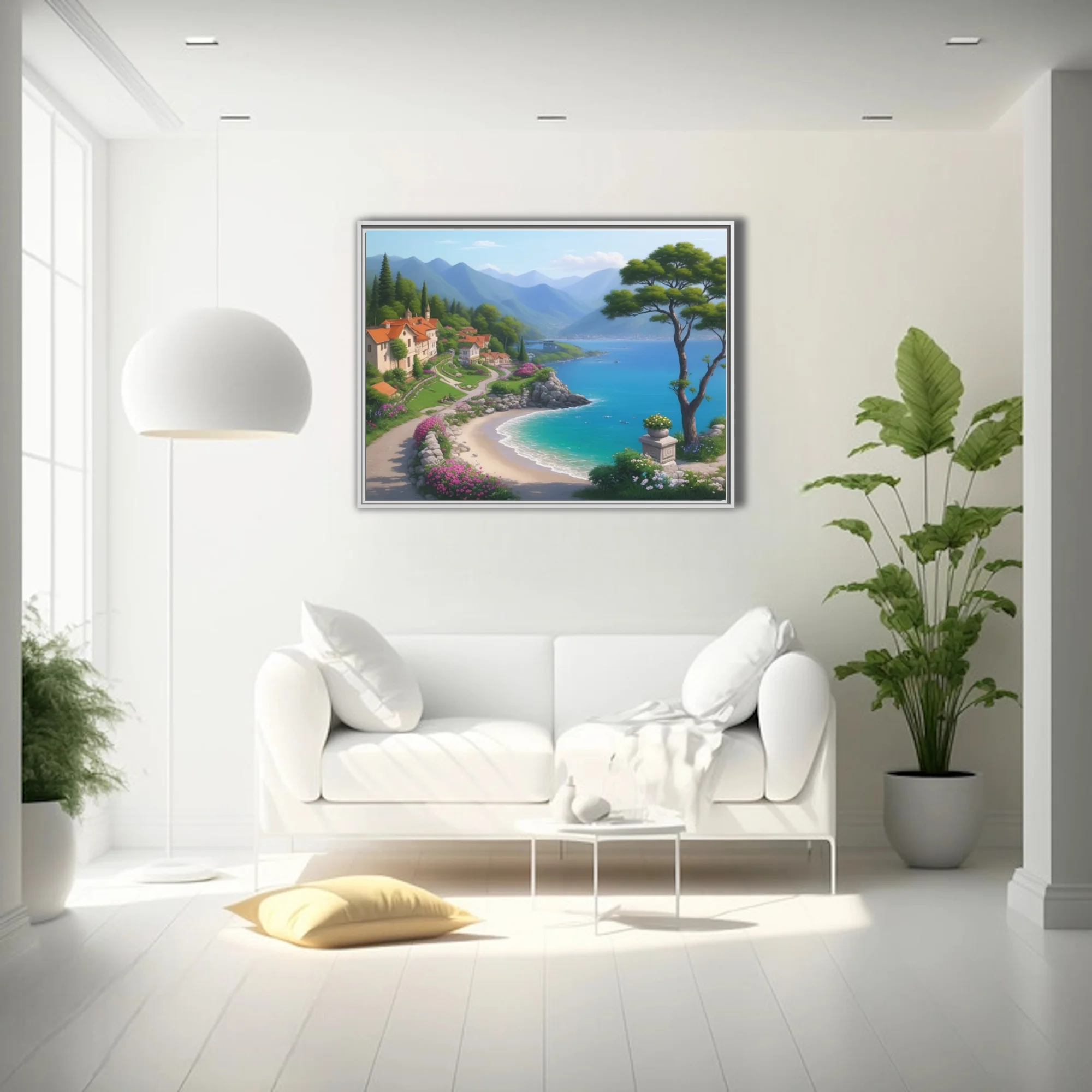 Stylized Mediterranean coastal village with turquoise bay, blooming flowers, and mountain backdrop