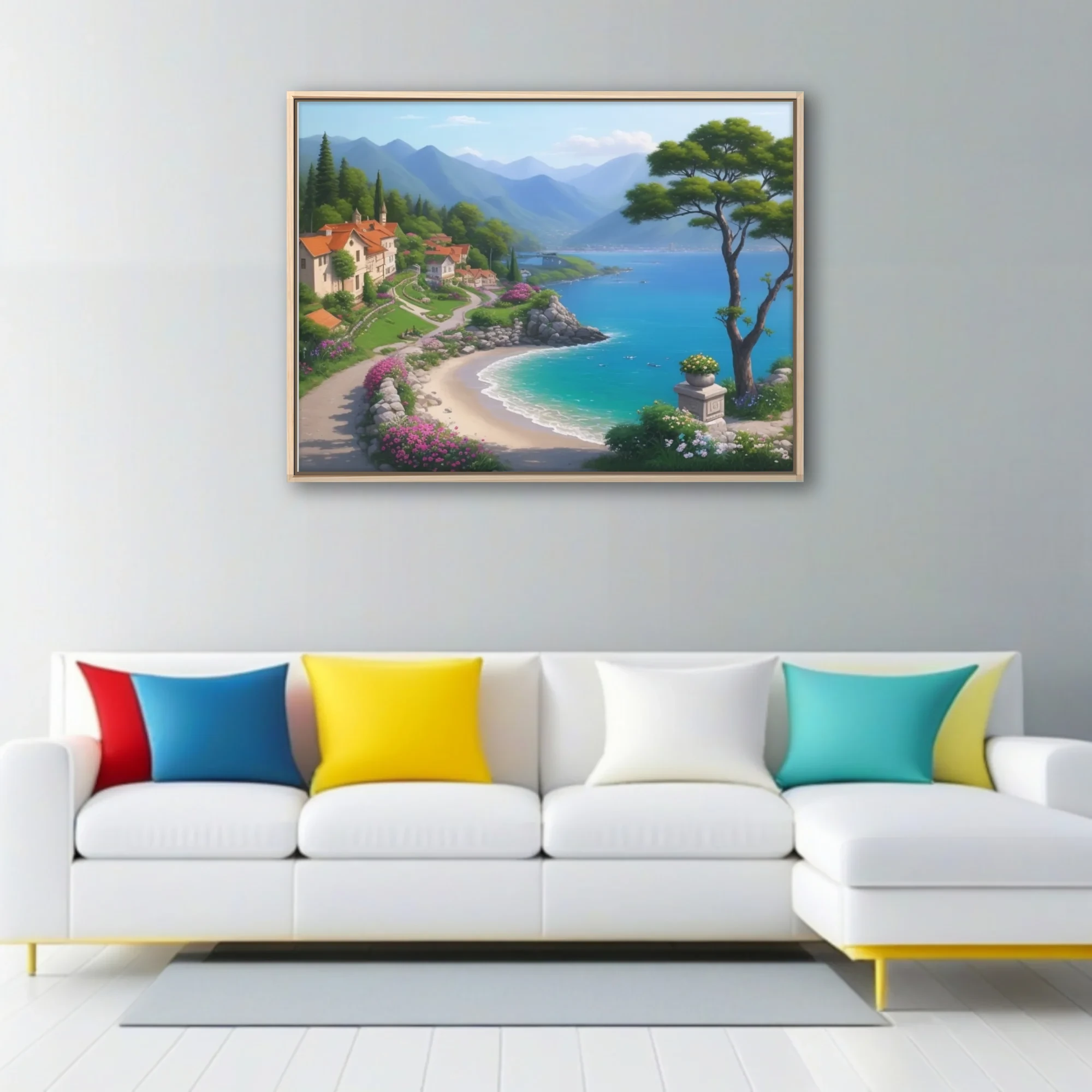 Stylized Mediterranean coastal village with turquoise bay, blooming flowers, and mountain backdrop