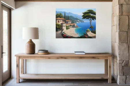 Realistic Mediterranean coastal town scene with turquoise bay and hillside villas