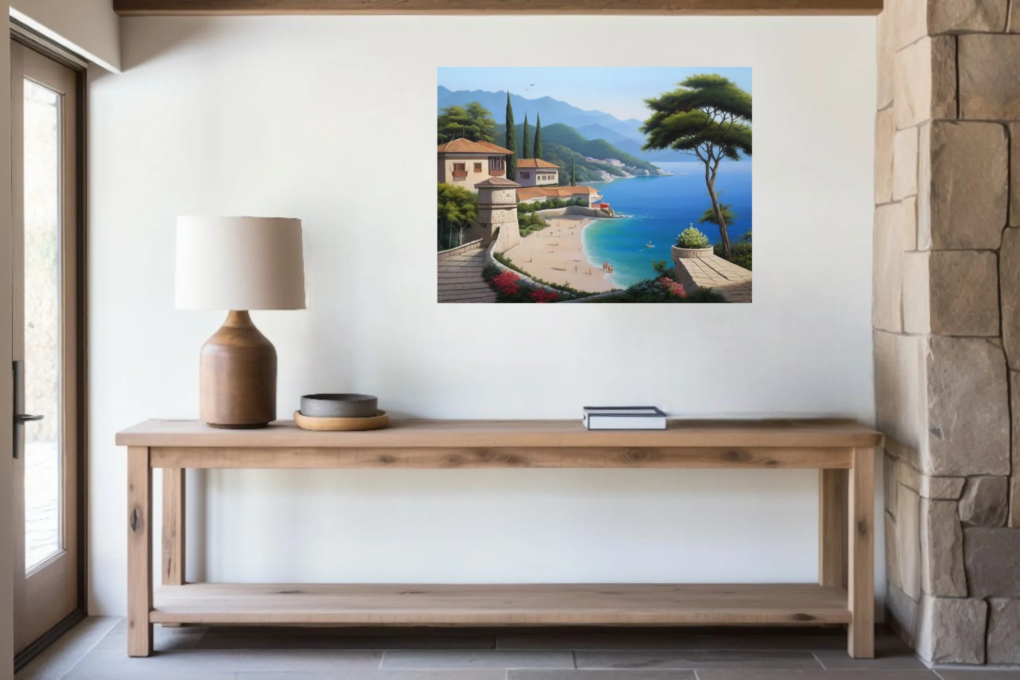 Realistic Mediterranean coastal town scene with turquoise bay and hillside villas