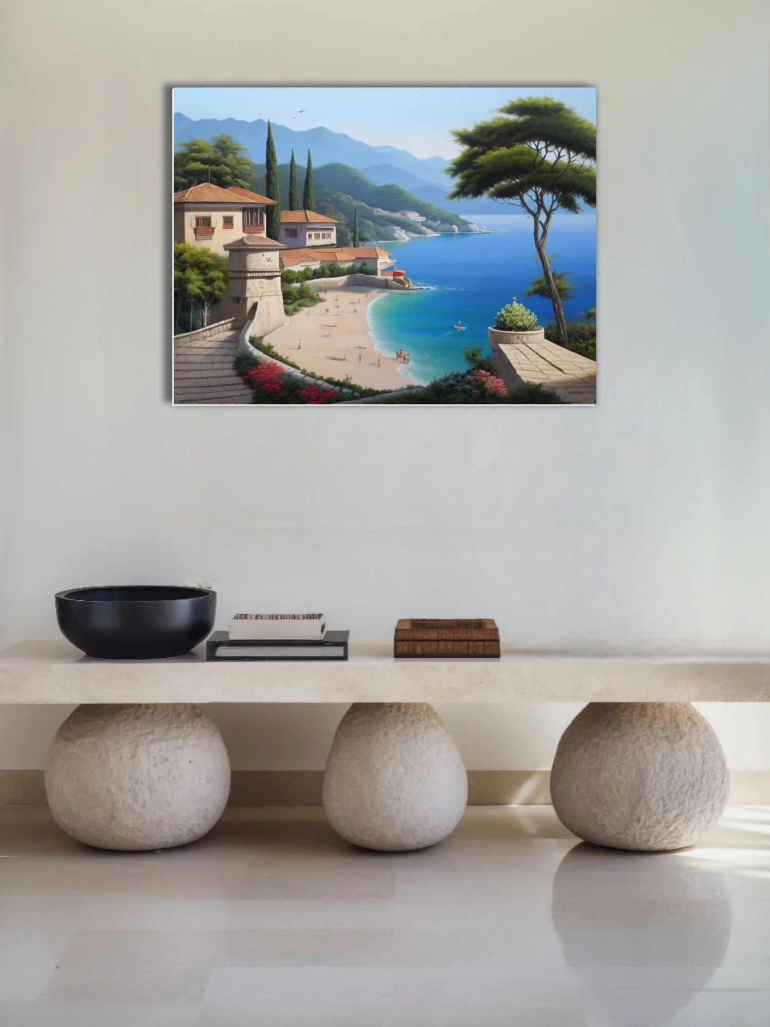 Realistic Mediterranean coastal town scene with turquoise bay and hillside villas