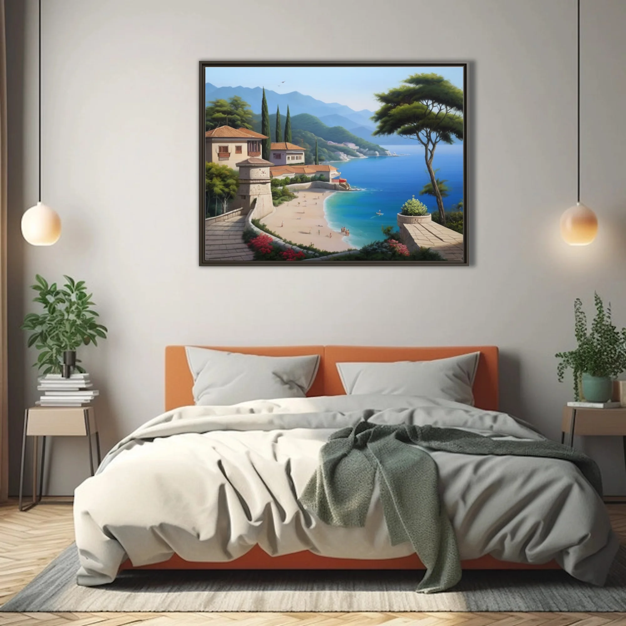 Realistic Mediterranean coastal town scene with turquoise bay and hillside villas