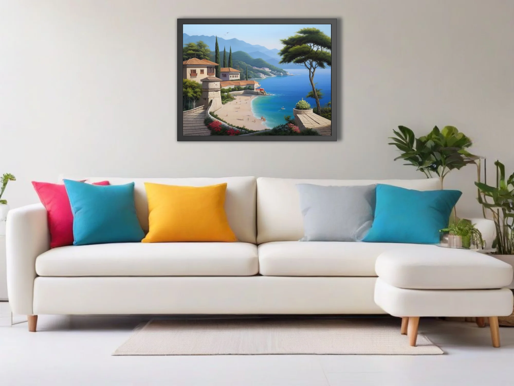 Realistic Mediterranean coastal town scene with turquoise bay and hillside villas