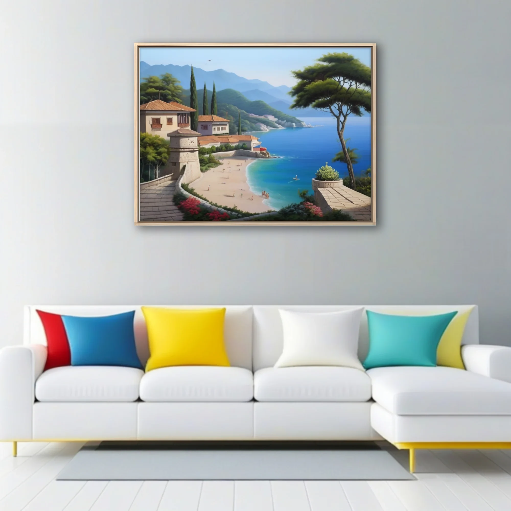 Realistic Mediterranean coastal town scene with turquoise bay and hillside villas
