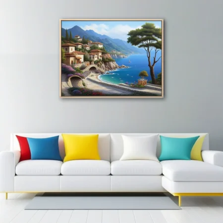 Realistic Mediterranean cliffside village with turquoise sea, terracotta rooftops, and mountain backdrop