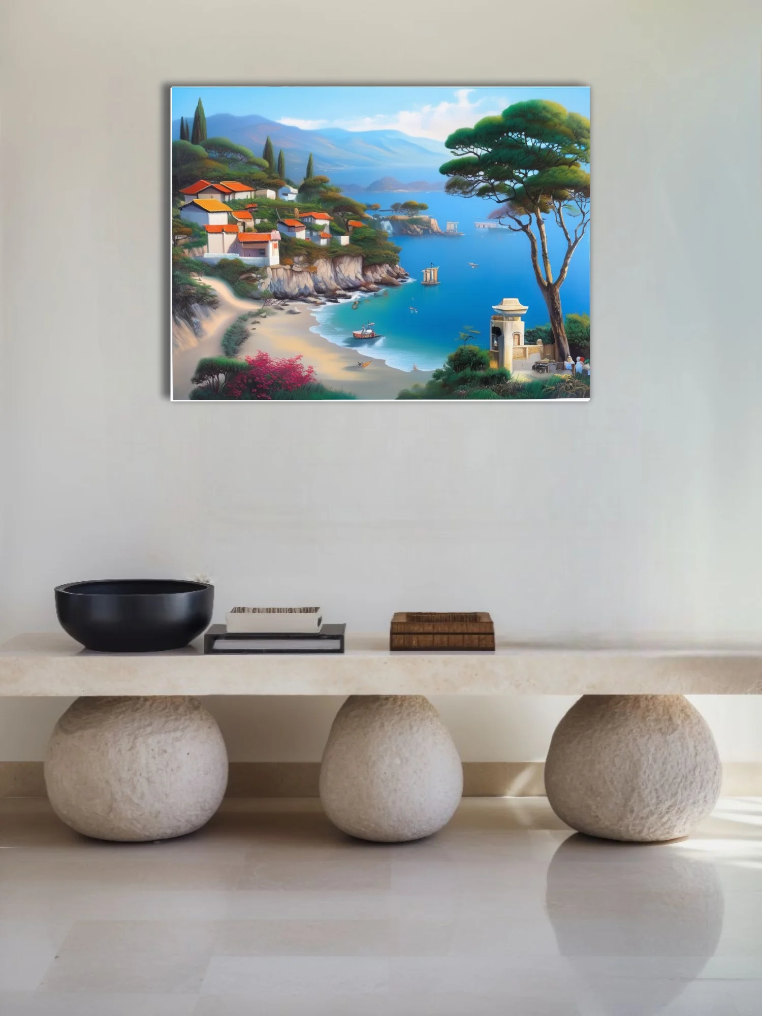Mediterranean coastal landscape with blue bay, terracotta rooftops, and pine trees