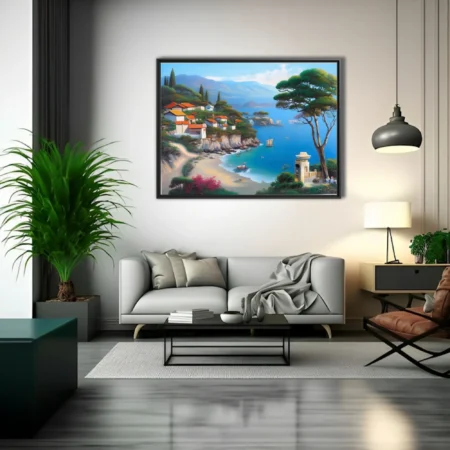 Mediterranean coastal landscape with blue bay, terracotta rooftops, and pine trees