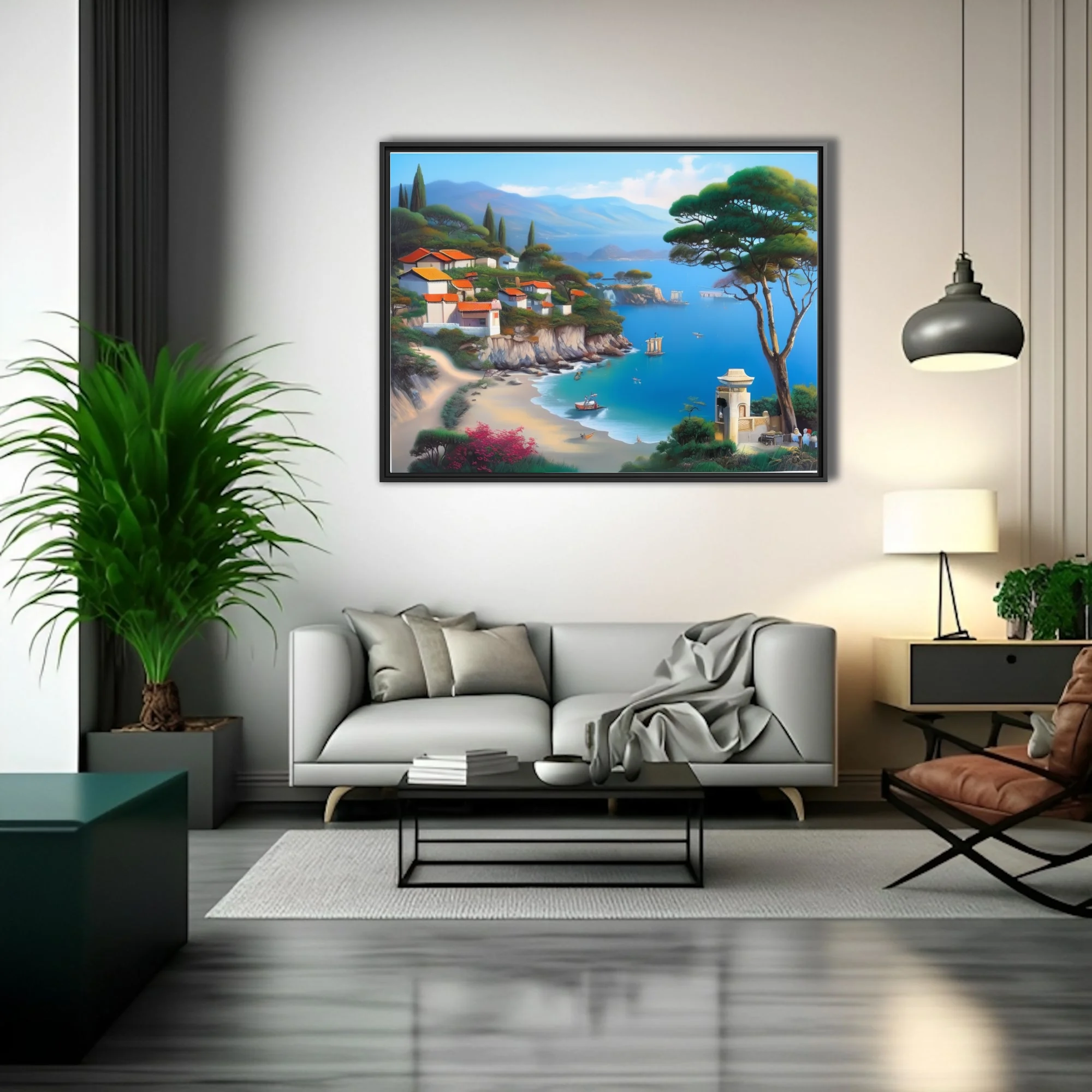 Mediterranean coastal landscape with blue bay, terracotta rooftops, and pine trees
