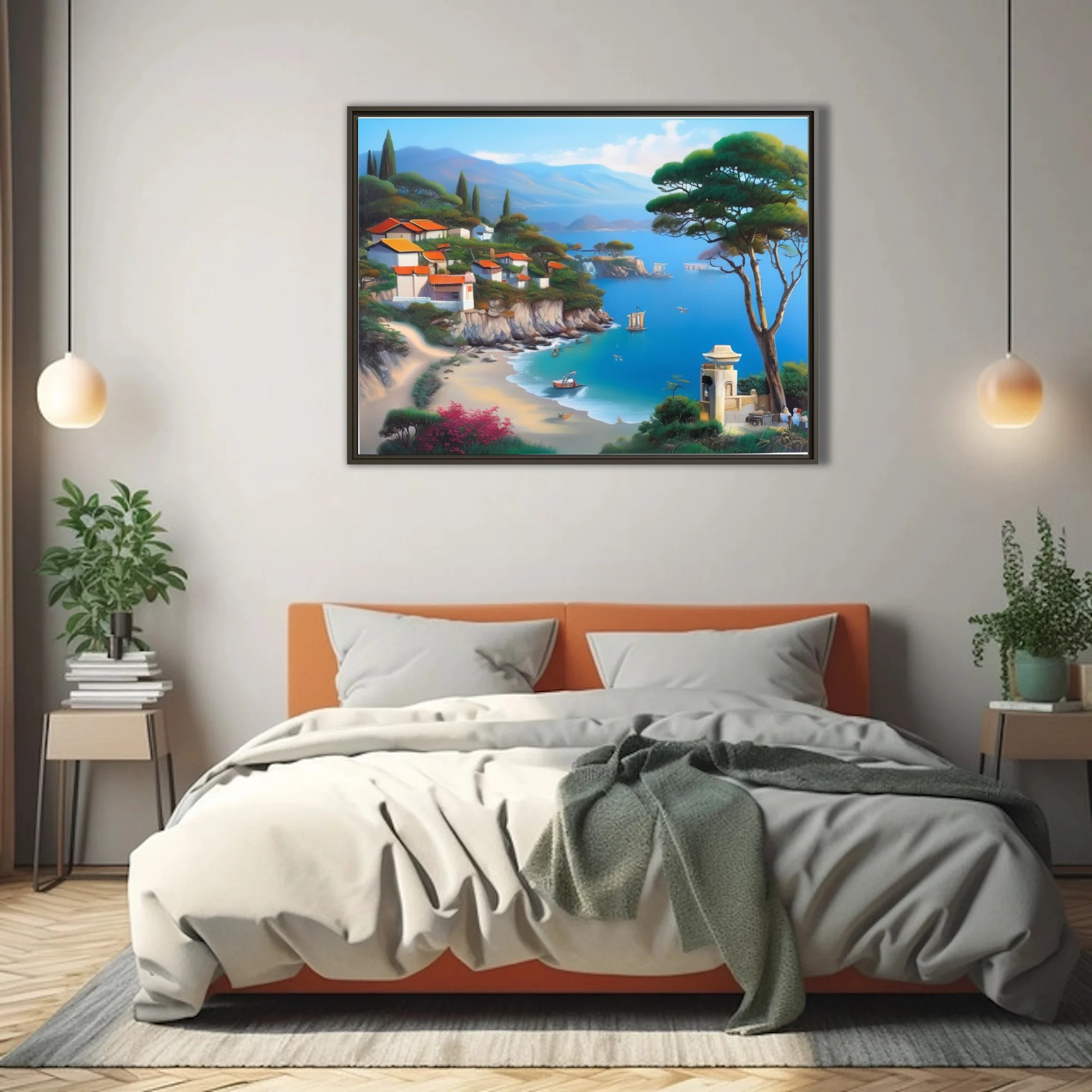 Mediterranean coastal landscape with blue bay, terracotta rooftops, and pine trees