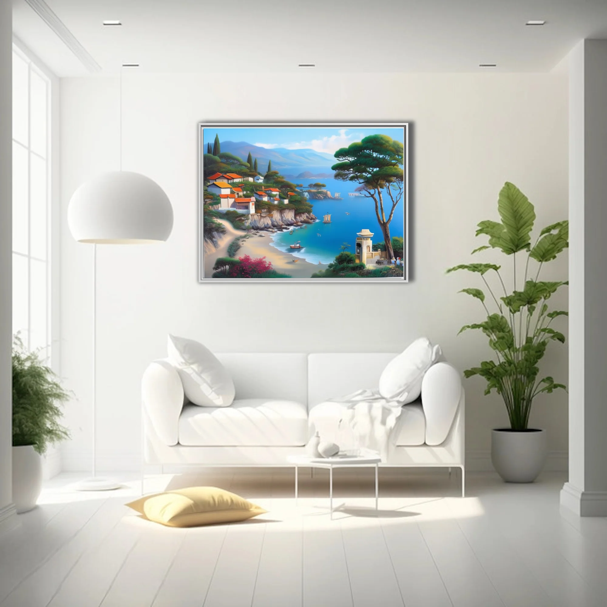 Mediterranean coastal landscape with blue bay, terracotta rooftops, and pine trees