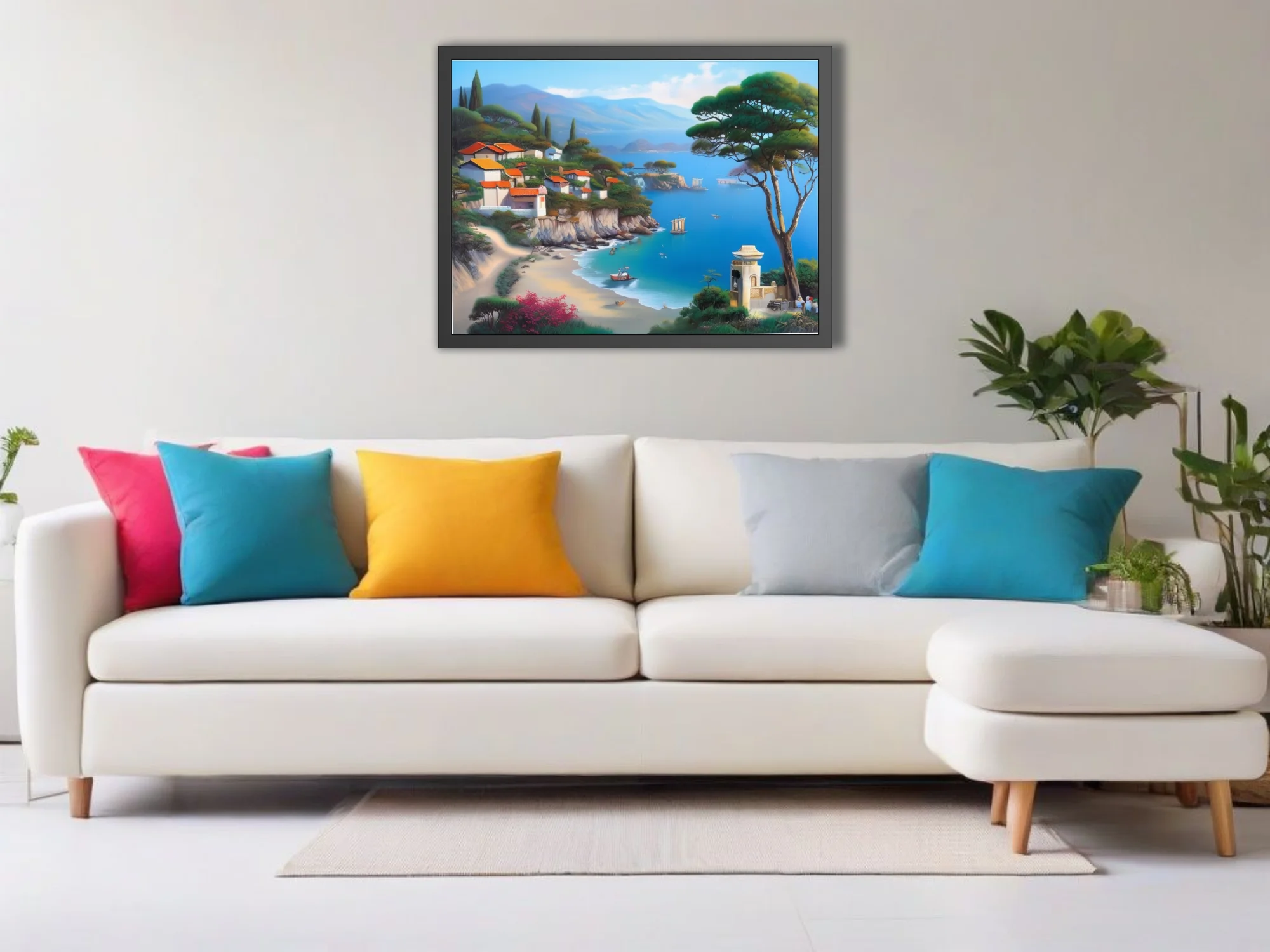 Mediterranean coastal landscape with blue bay, terracotta rooftops, and pine trees
