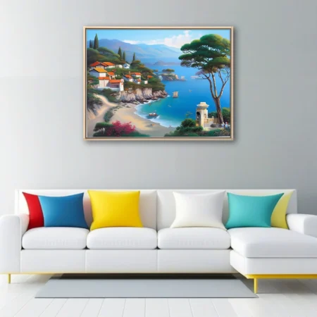Mediterranean coastal landscape with blue bay, terracotta rooftops, and pine trees