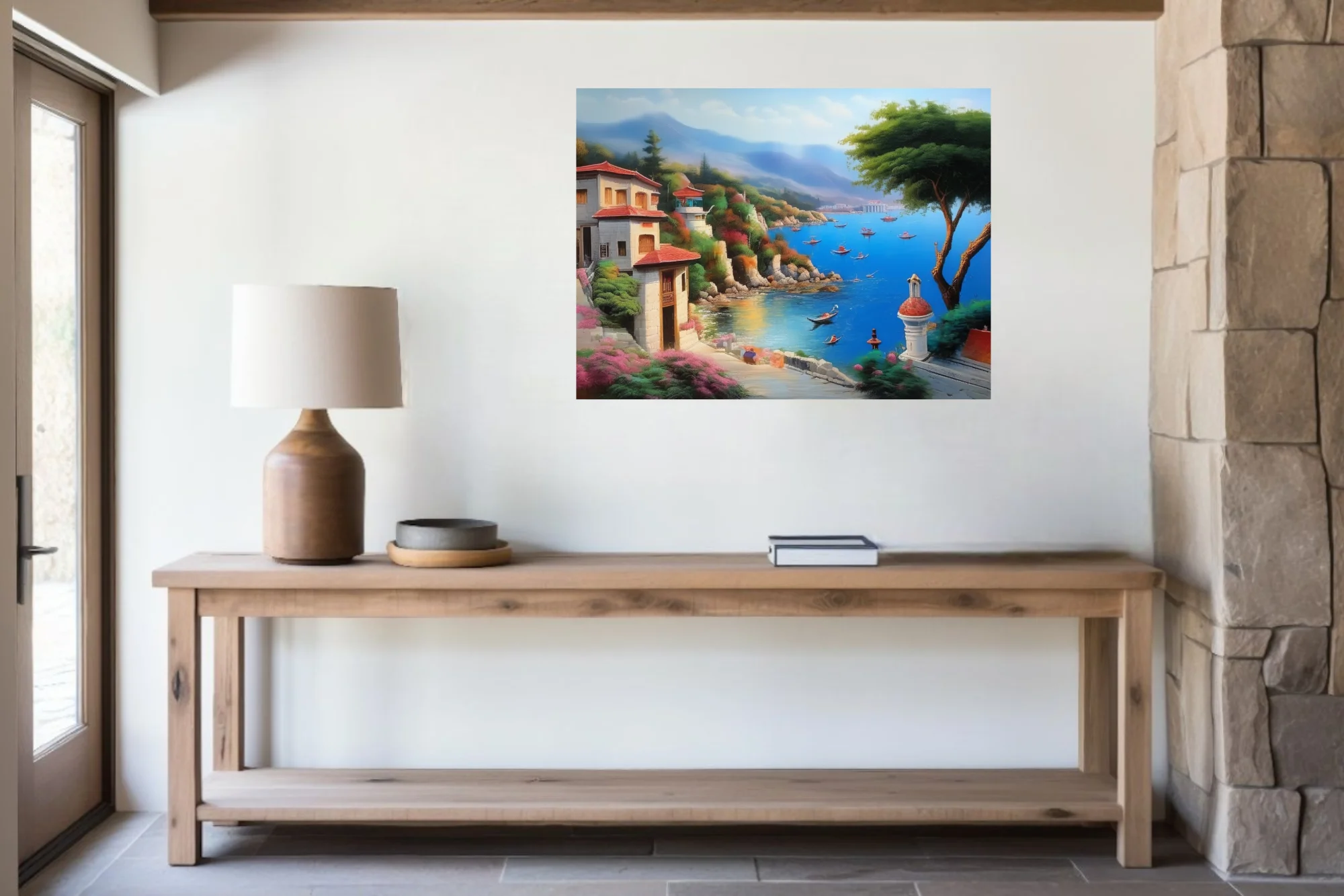 Dreamy Mediterranean seaside village with azure harbor, terracotta roofs, and misty mountains