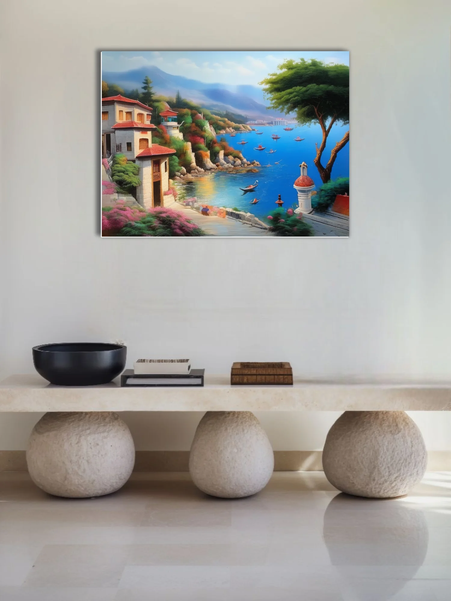 Dreamy Mediterranean seaside village with azure harbor, terracotta roofs, and misty mountains