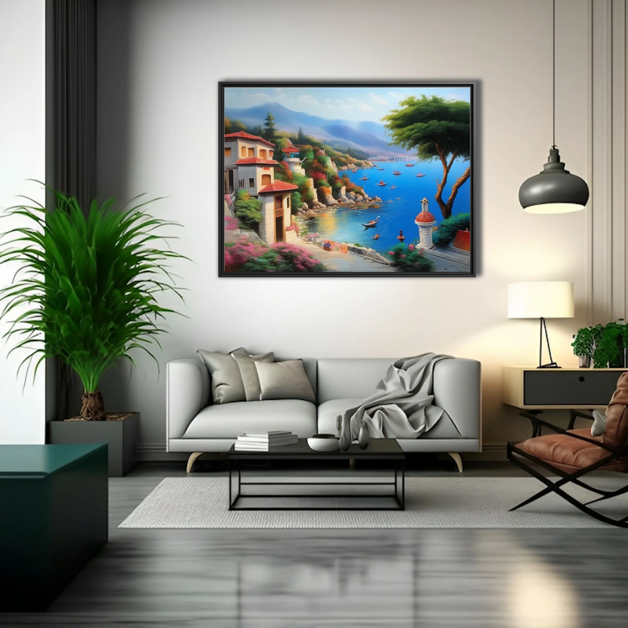 Dreamy Mediterranean seaside village with azure harbor, terracotta roofs, and misty mountains