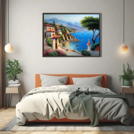 Dreamy Mediterranean seaside village with azure harbor, terracotta roofs, and misty mountains