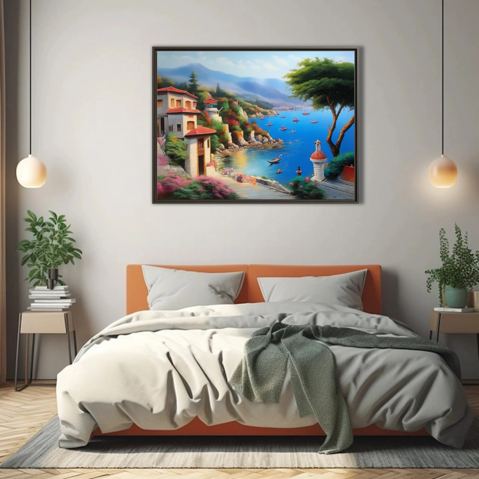 Dreamy Mediterranean seaside village with azure harbor, terracotta roofs, and misty mountains