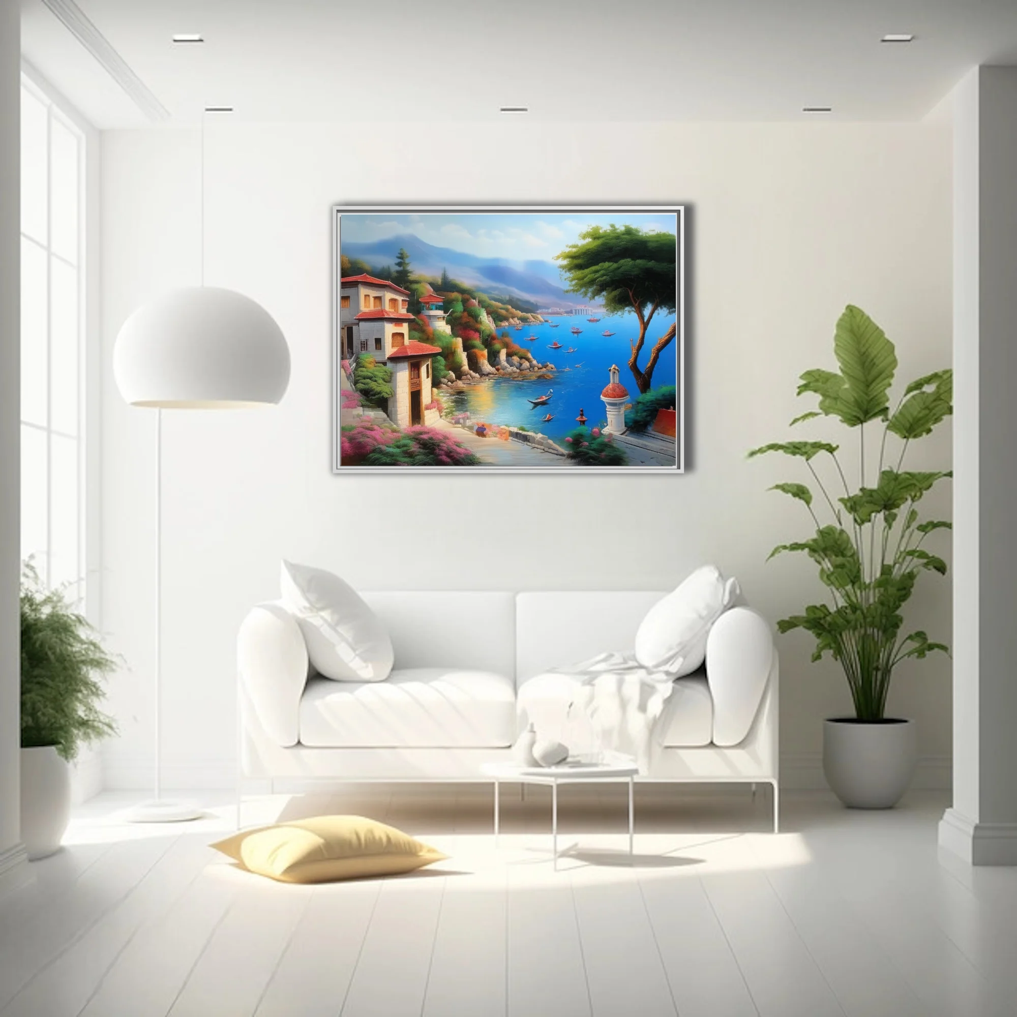 Dreamy Mediterranean seaside village with azure harbor, terracotta roofs, and misty mountains