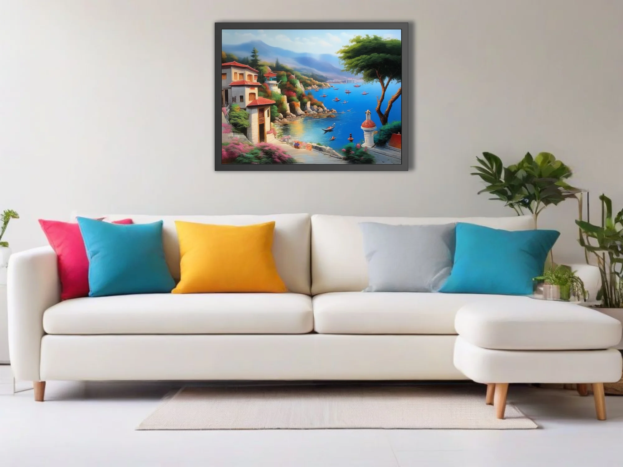 Dreamy Mediterranean seaside village with azure harbor, terracotta roofs, and misty mountains