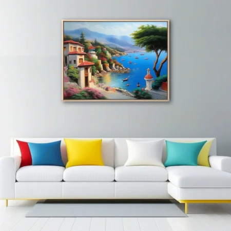Dreamy Mediterranean seaside village with azure harbor, terracotta roofs, and misty mountains