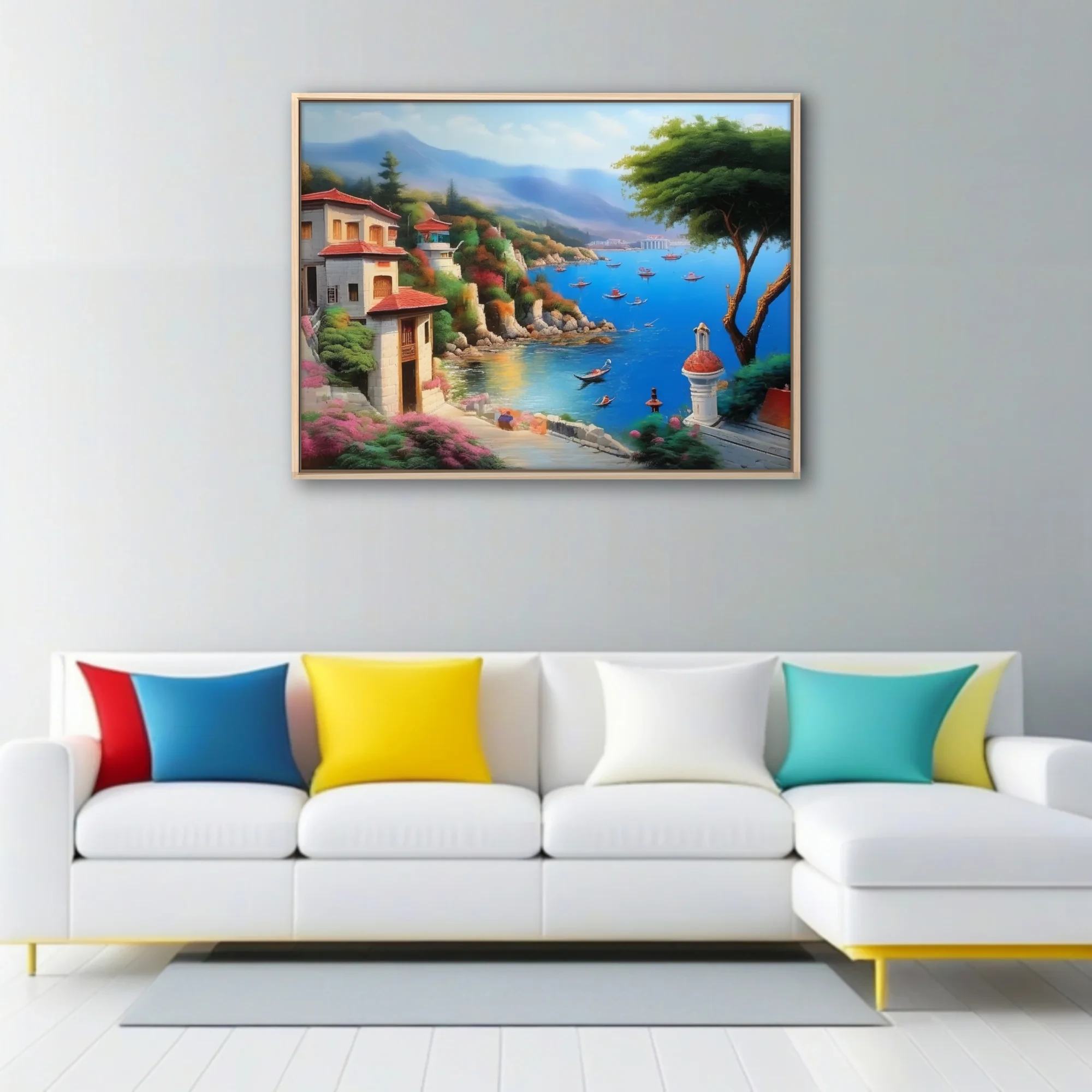Dreamy Mediterranean seaside village with azure harbor, terracotta roofs, and misty mountains