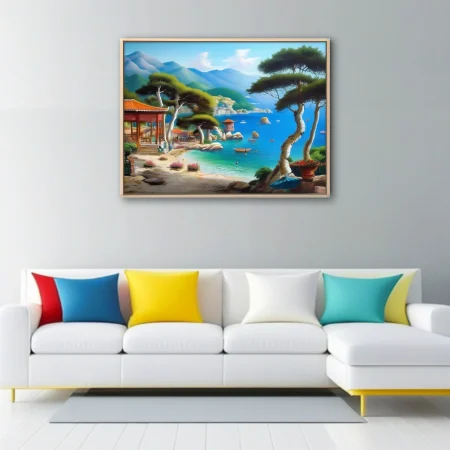 Chinese-style coastal landscape with pine trees, traditional pavilion, and vivid blue bay
