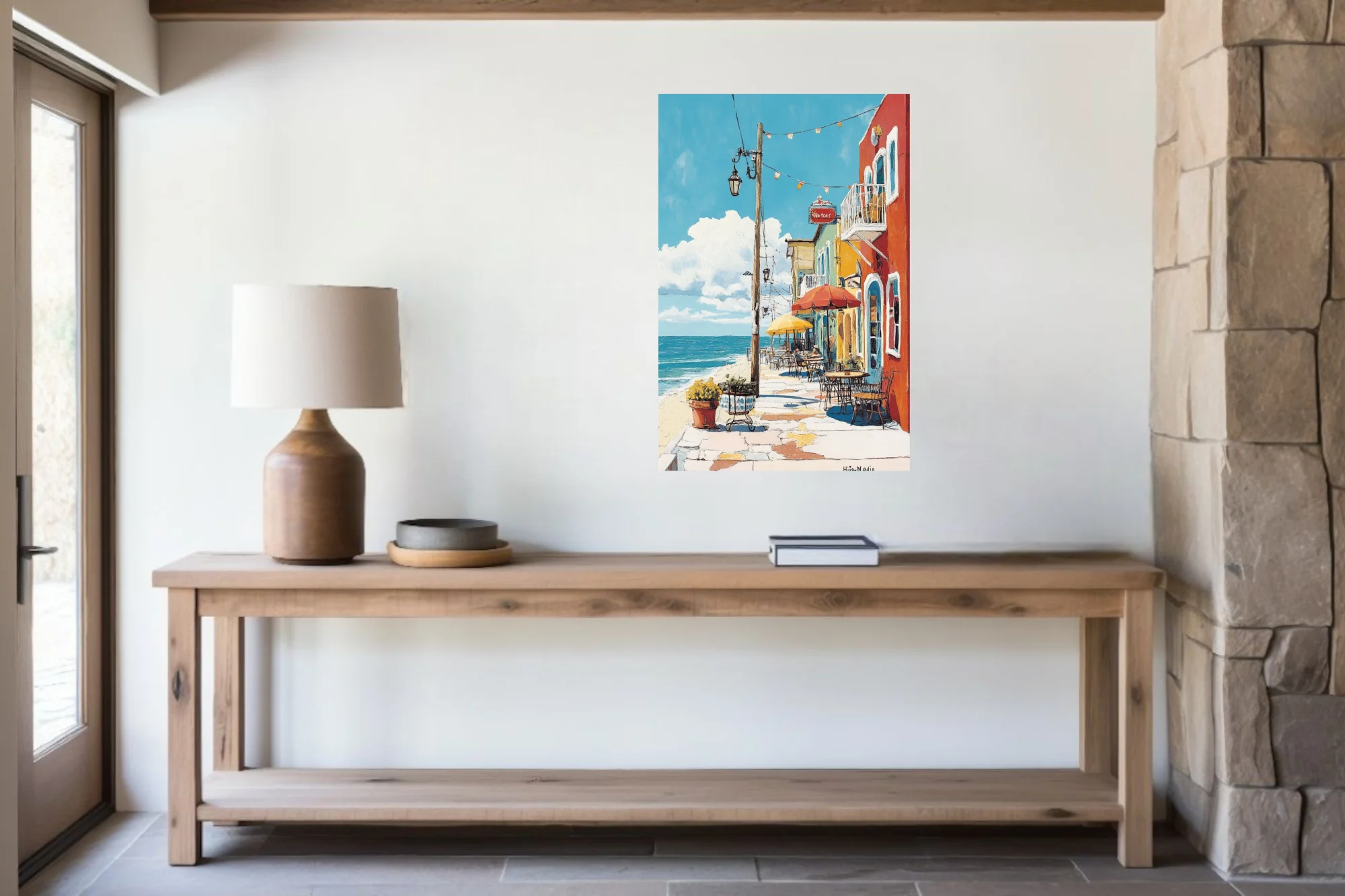 Colorful Mediterranean seaside café street scene with bold flat illustration style