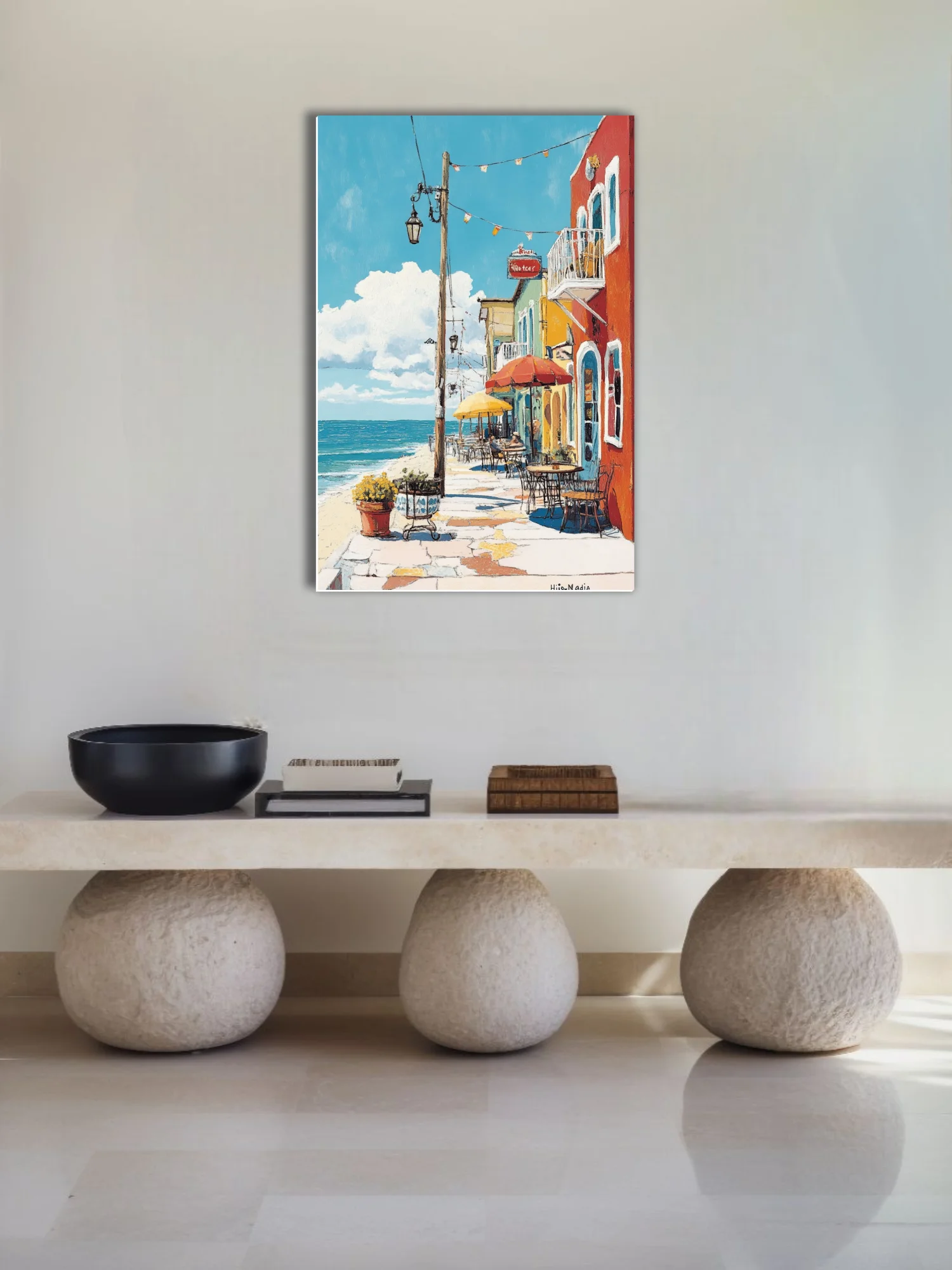 Colorful Mediterranean seaside café street scene with bold flat illustration style
