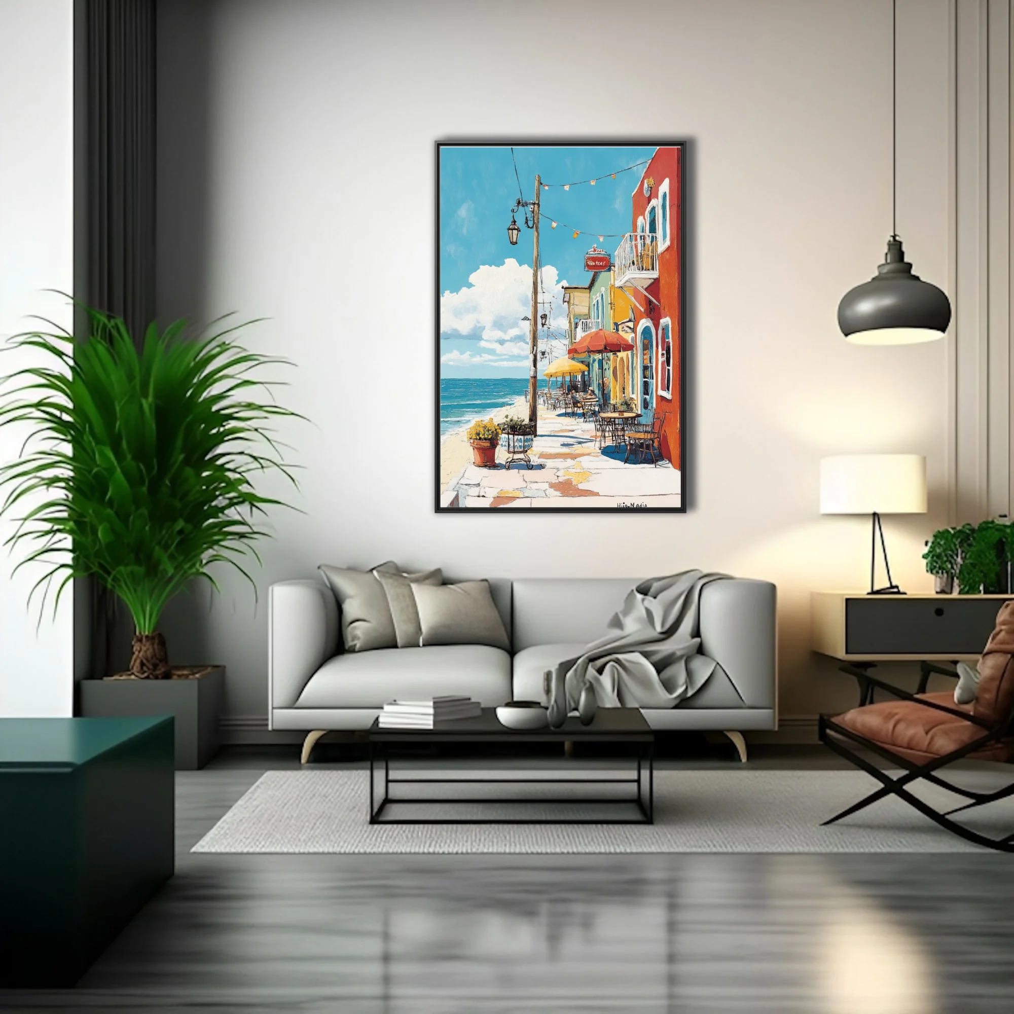 Colorful Mediterranean seaside café street scene with bold flat illustration style