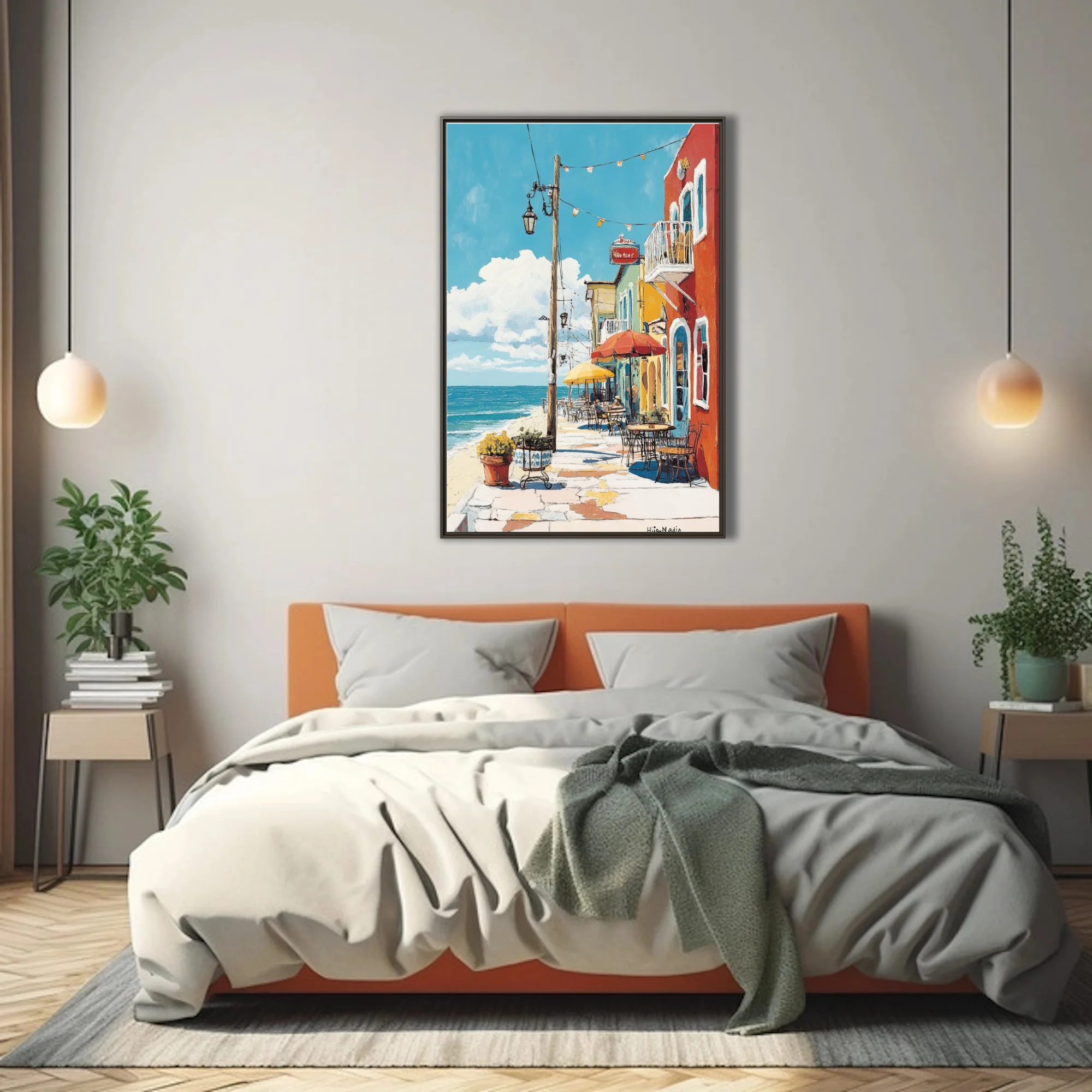 Colorful Mediterranean seaside café street scene with bold flat illustration style