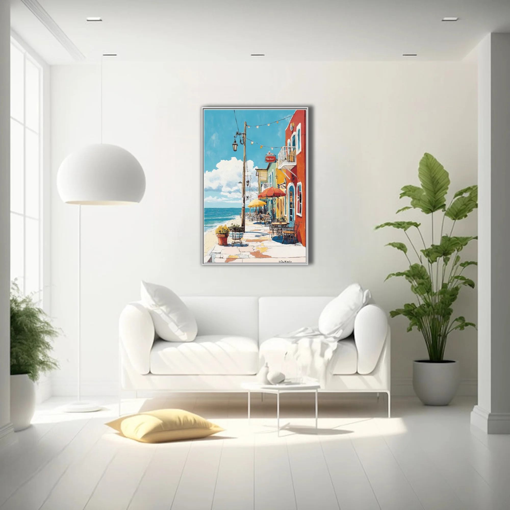 Colorful Mediterranean seaside café street scene with bold flat illustration style