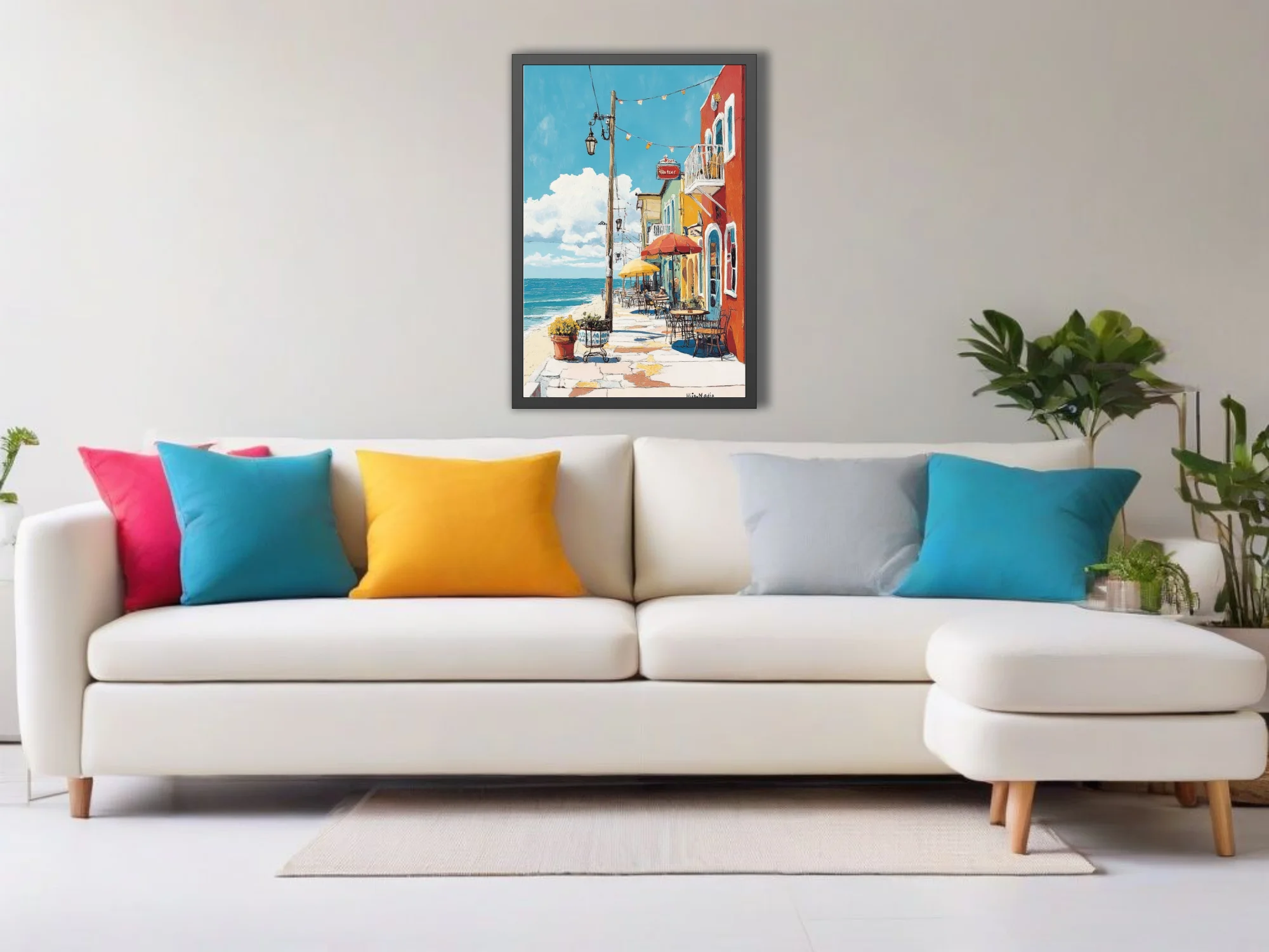 Colorful Mediterranean seaside café street scene with bold flat illustration style