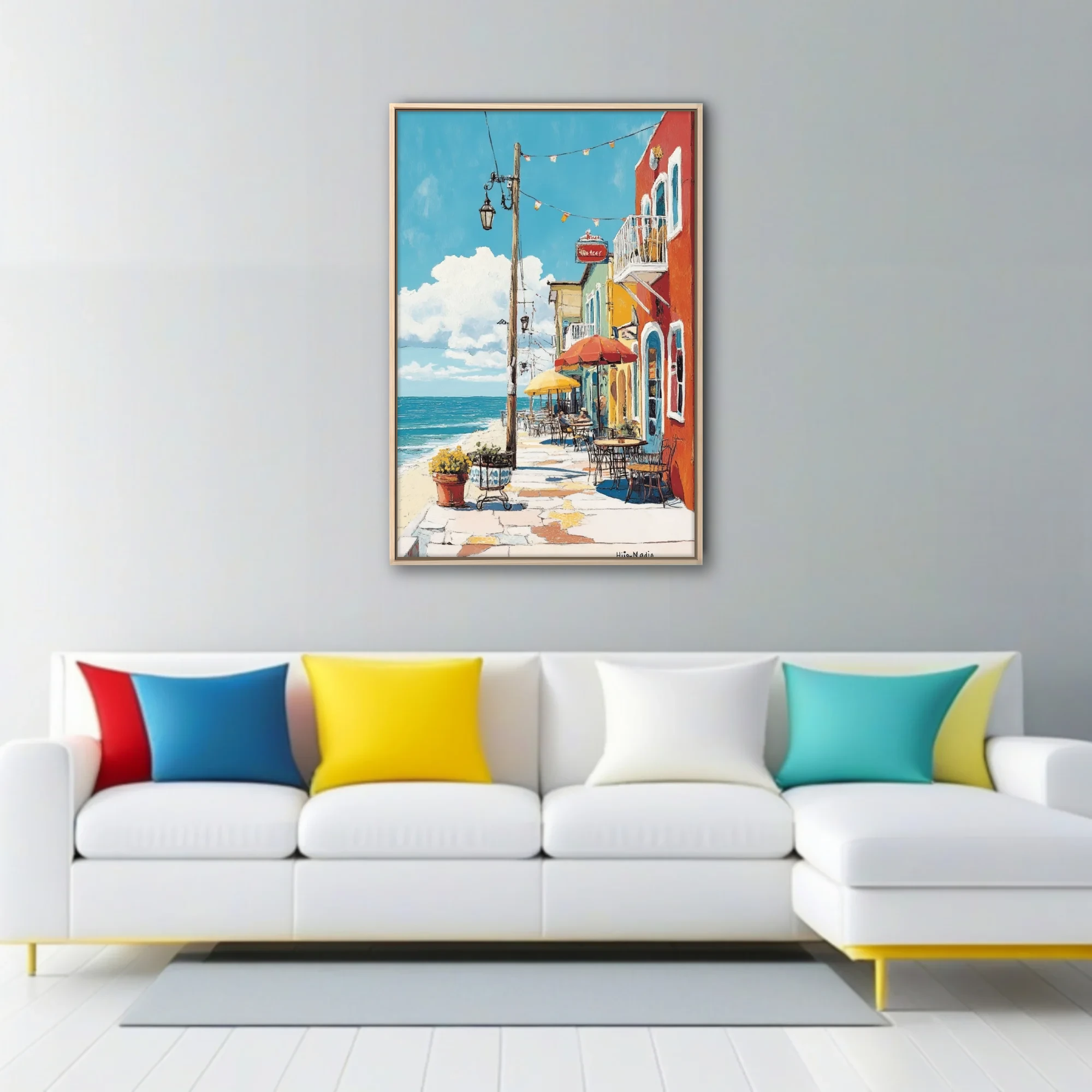 Colorful Mediterranean seaside café street scene with bold flat illustration style