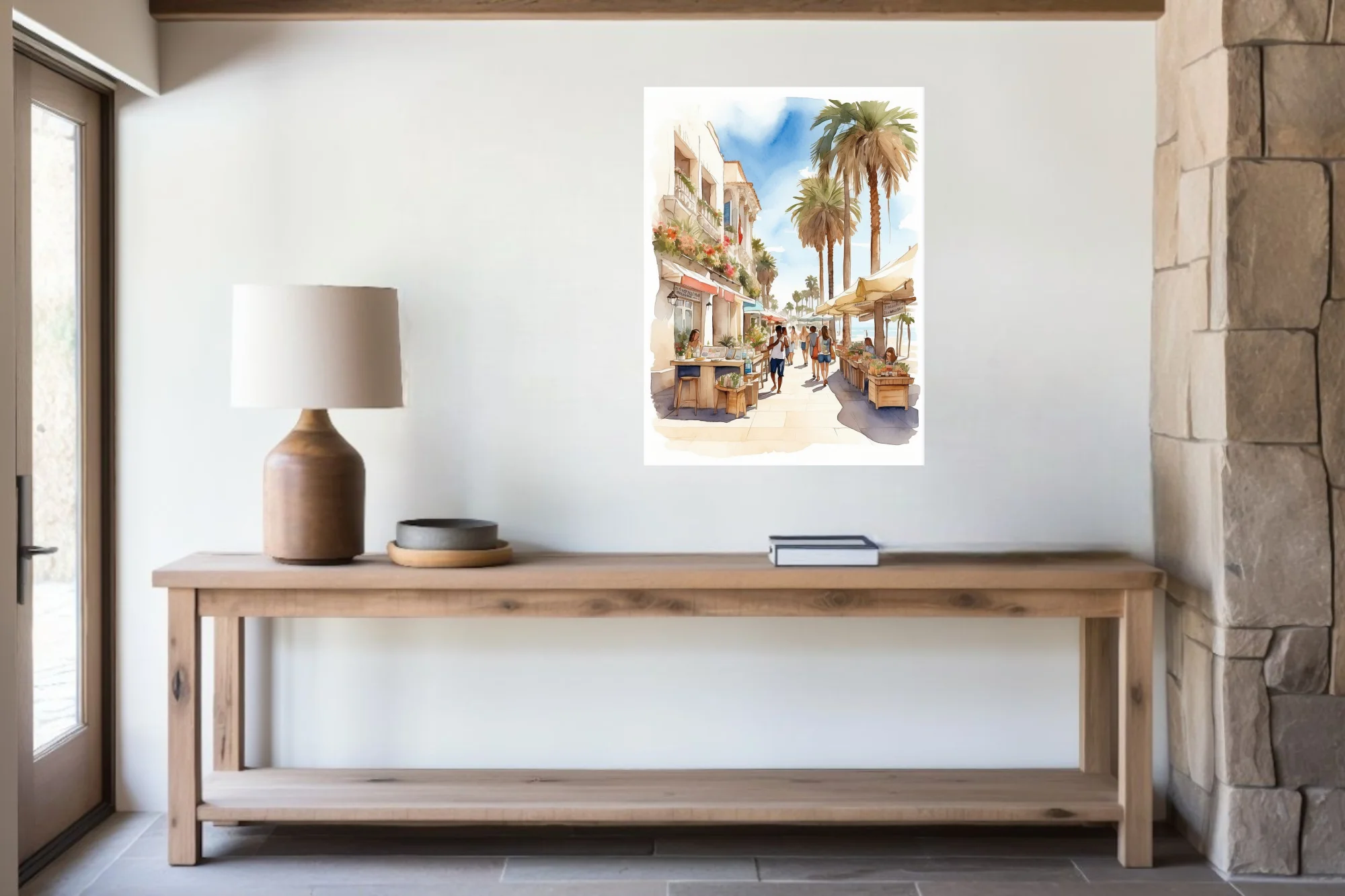Watercolor-style seaside town scene with palm trees, market stalls, and sunlit pastel architecture