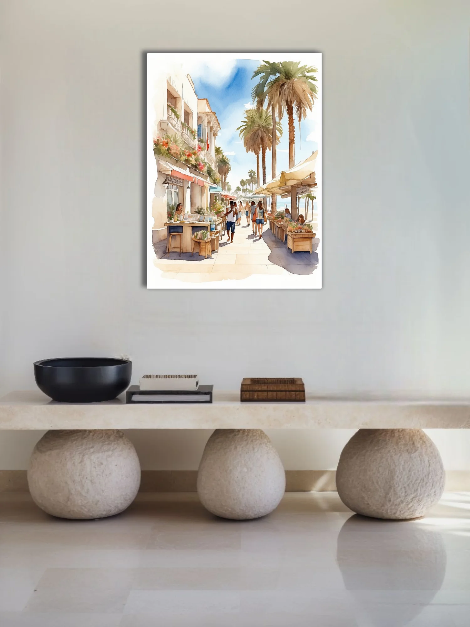Watercolor-style seaside town scene with palm trees, market stalls, and sunlit pastel architecture