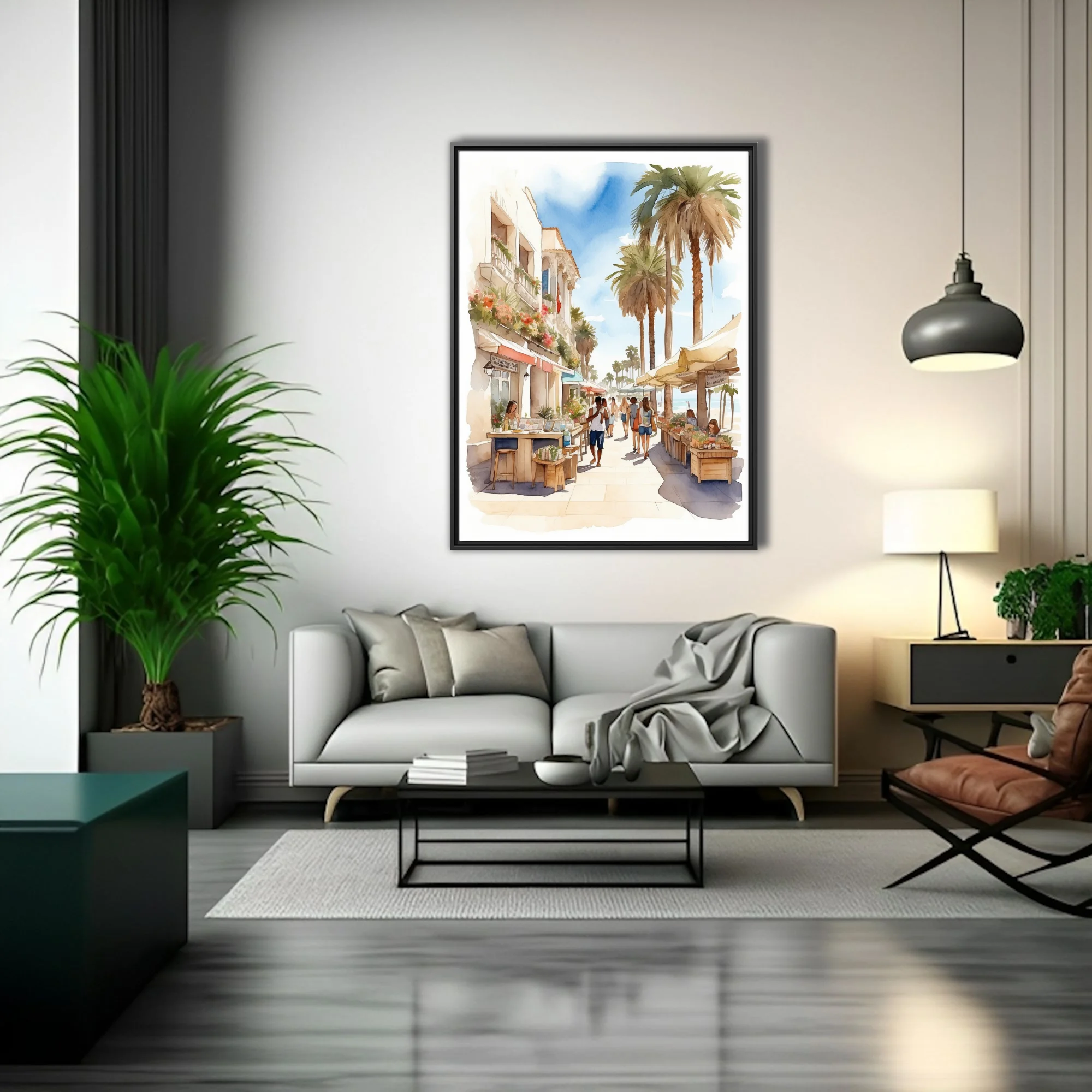 Watercolor-style seaside town scene with palm trees, market stalls, and sunlit pastel architecture
