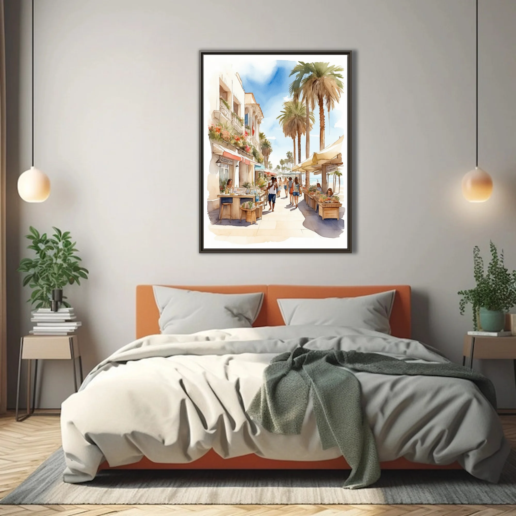 Watercolor-style seaside town scene with palm trees, market stalls, and sunlit pastel architecture