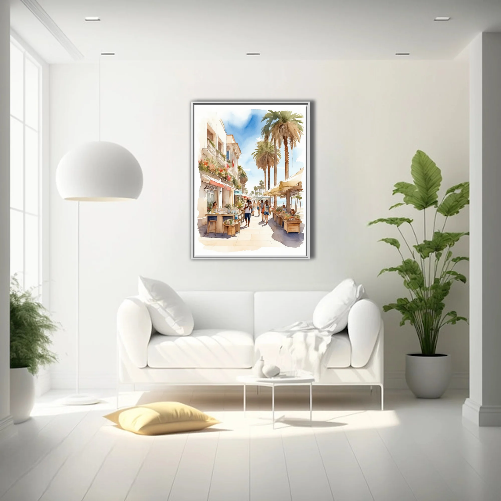 Watercolor-style seaside town scene with palm trees, market stalls, and sunlit pastel architecture