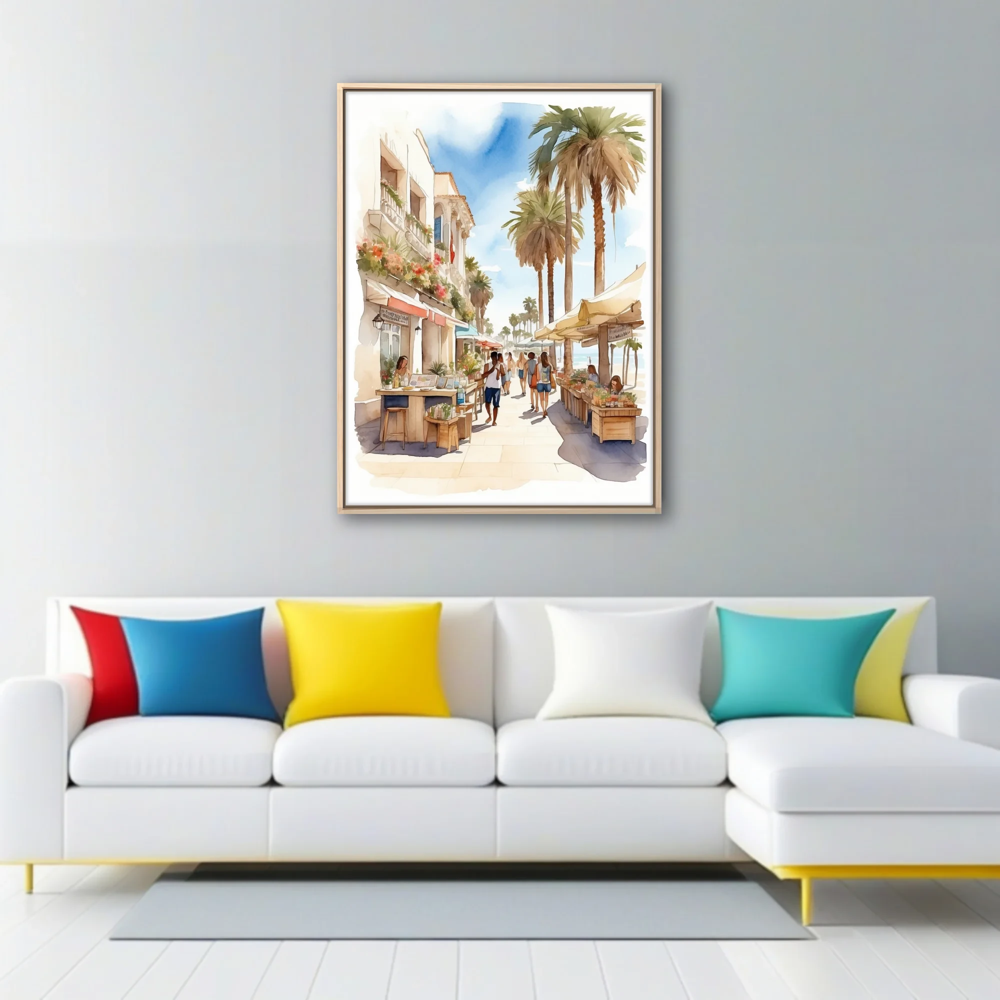 Watercolor-style seaside town scene with palm trees, market stalls, and sunlit pastel architecture