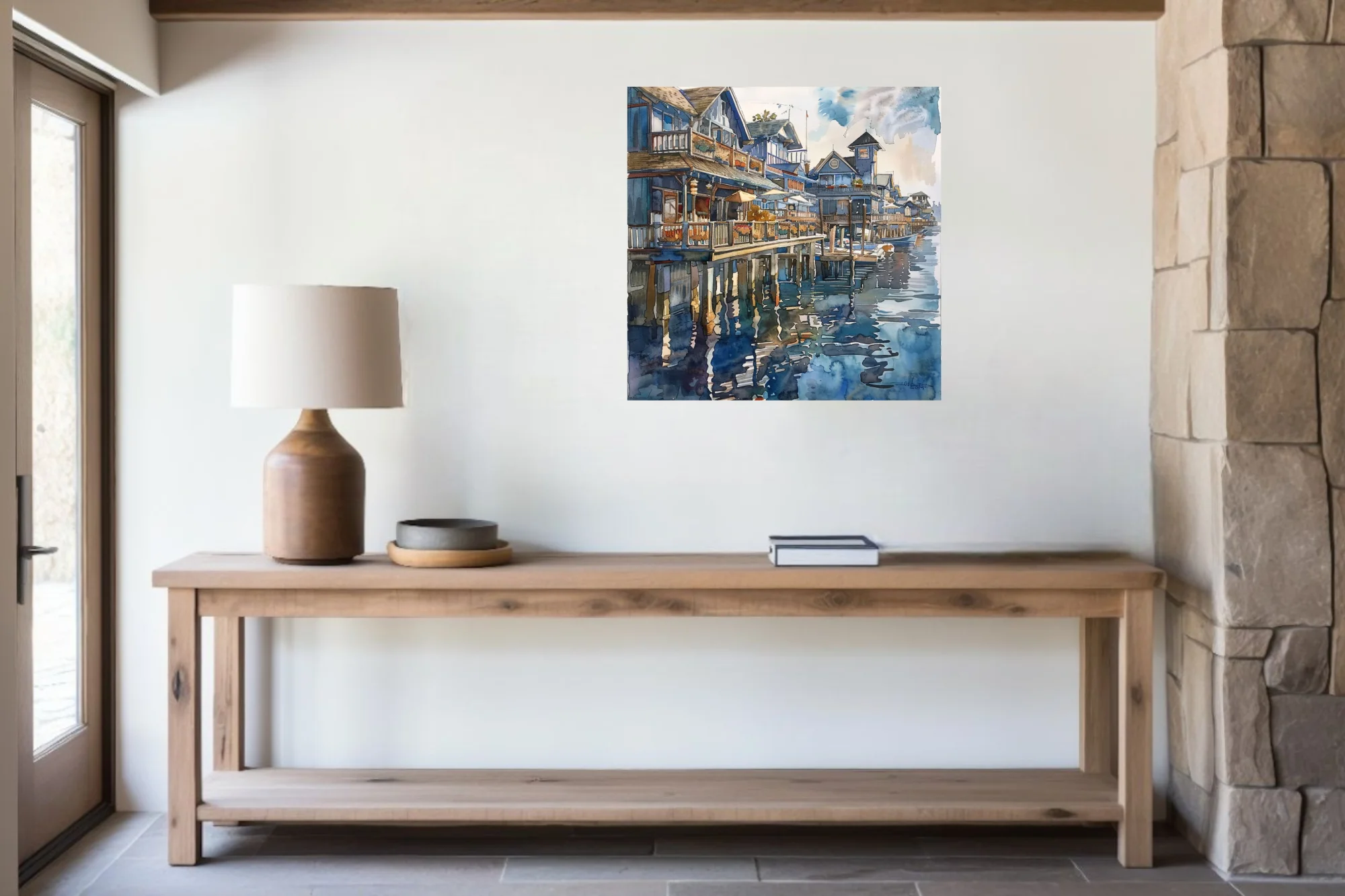 Watercolor-style seaside town with stilted waterfront buildings, boats, and blue harbor reflections