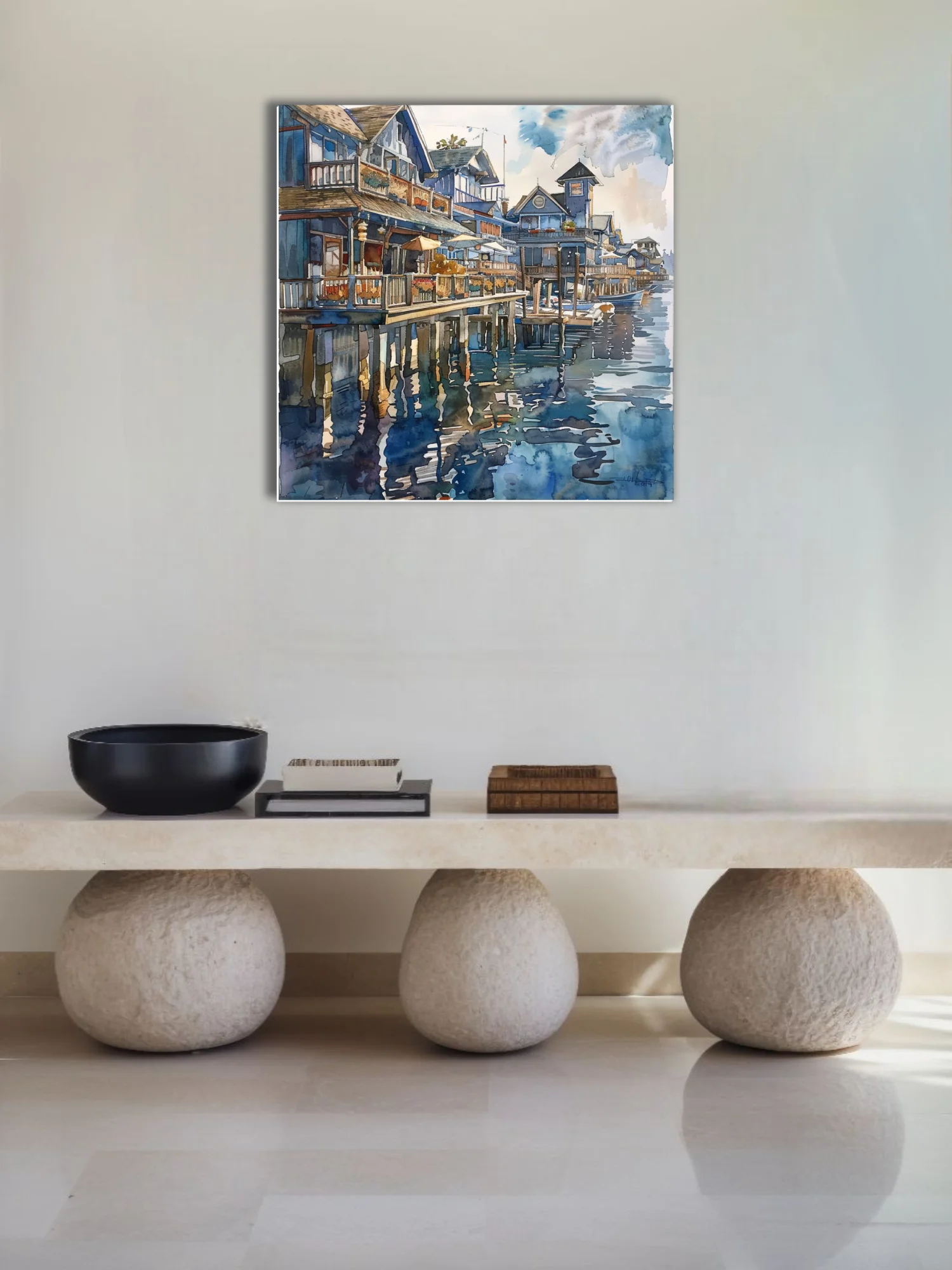 Watercolor-style seaside town with stilted waterfront buildings, boats, and blue harbor reflections
